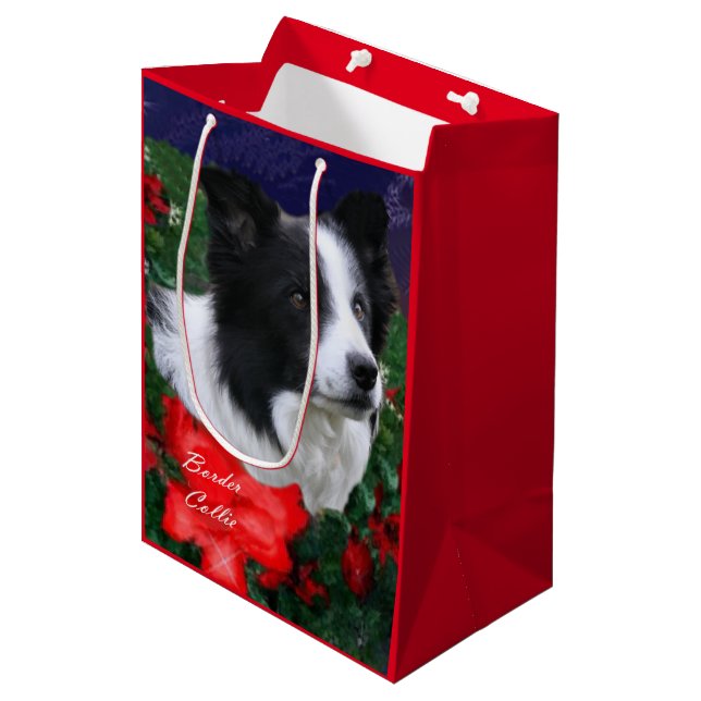 Border Collie Christmas Medium Gift Bag (Front Angled)
