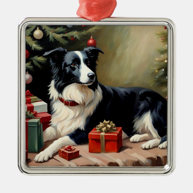 Border Collie Christmas Metal Ornament (Front)