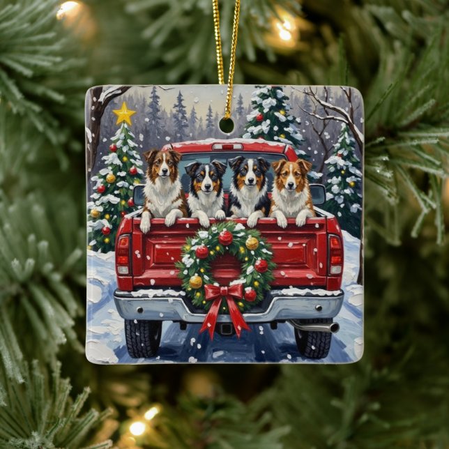 Border Collie Christmas Red Truck Holiday Ceramic Ornament (Tree)