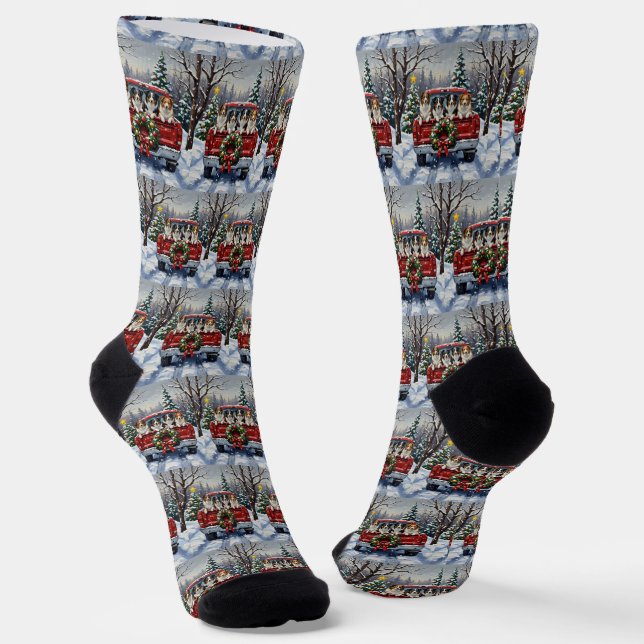 Border Collie Christmas Red Truck Holiday Socks (Angled)