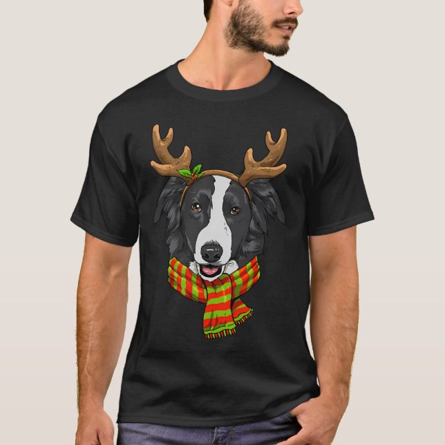 Border Collie Christmas Reindeer Antlers Dog T-Shirt (Front)