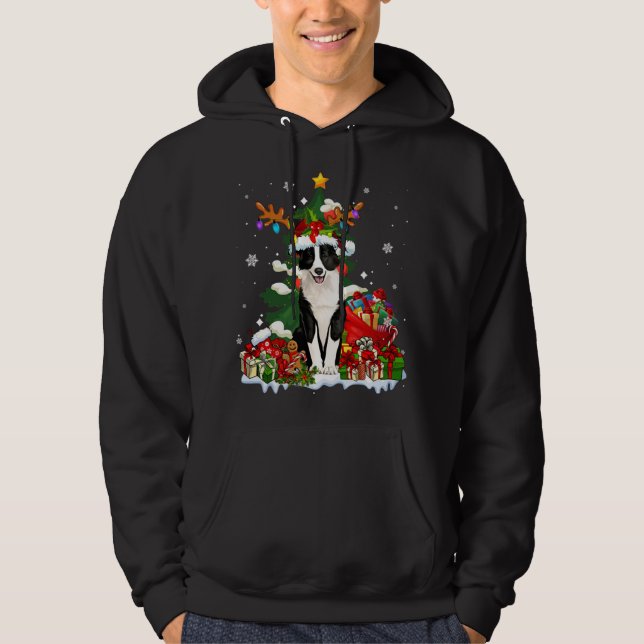 Border Collie Christmas Reindeer Santa Light Dog P Hoodie (Front)