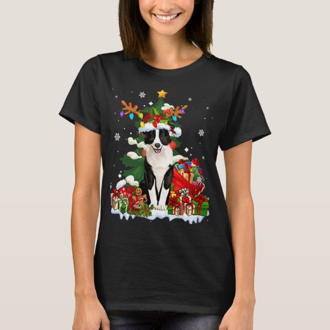 Border Collie Christmas Reindeer Santa Light Dog P T-Shirt (Front)