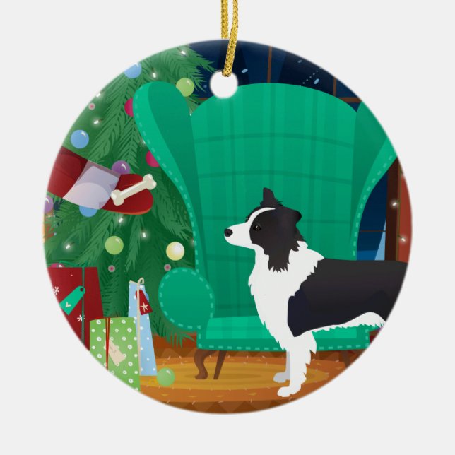 Border Collie Christmas Santa's Gift Ceramic Ornament (Front)