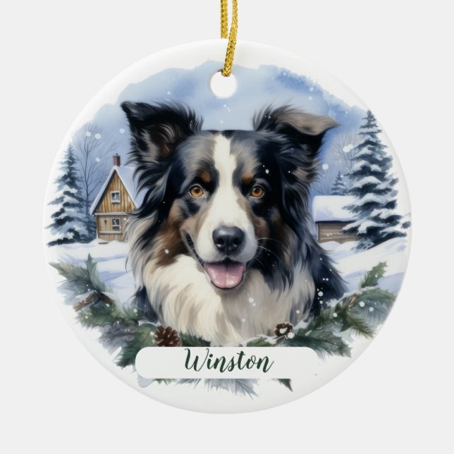 Border Collie Christmas Snow Evergreen Dog Name Ceramic Ornament (Front)