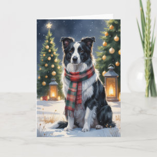 Border Collie Christmas Snow Scene Watercolor Card
