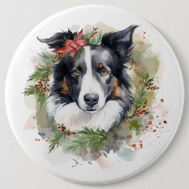 Border Collie Christmas Wreath Festive Pup  6 Cm Round Badge (Front)