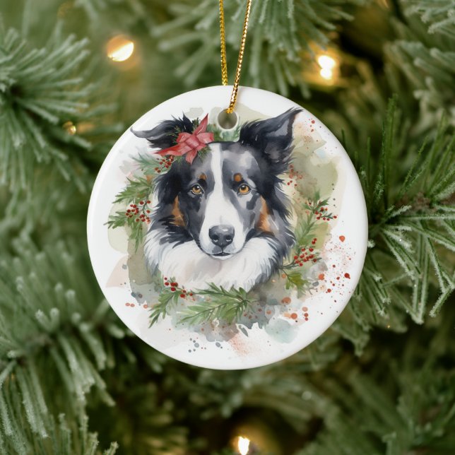 Border Collie Christmas Wreath Festive Pup  Ceramic Ornament (Tree)