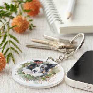 Border Collie Christmas Wreath Festive Pup  Key Ring