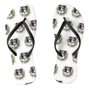 Border Collie Christmas Wreath Festive Pup  Thongs