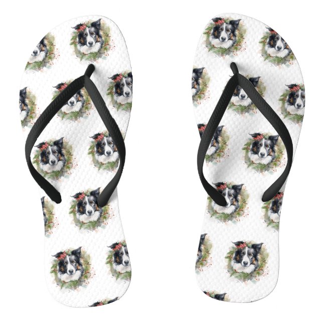 Border Collie Christmas Wreath Festive Pup  Thongs (Footbed)