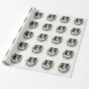 Border Collie Christmas Wreath Festive Pup Wrapping Paper