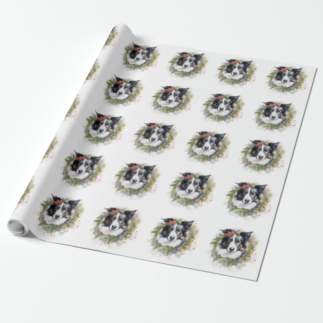 Border Collie Christmas Wreath Festive Pup  Wrapping Paper (Unrolled)