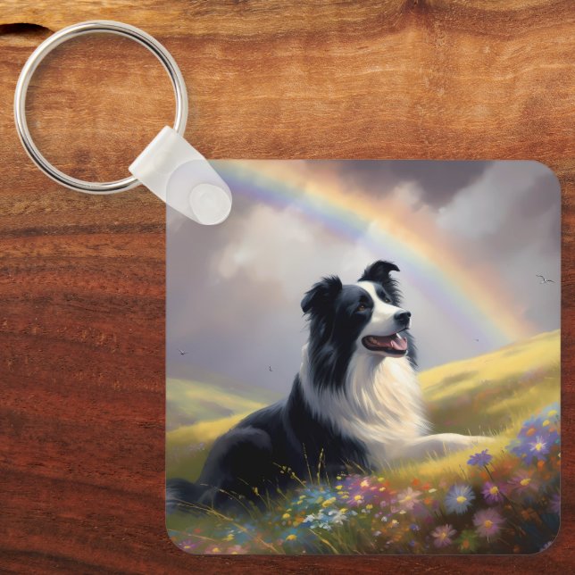 Border Collie Custom Name Rainbow Bridge Memorial Key Ring (Front)