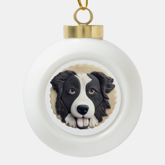 Border Collie Dog 3D Inspired  Ceramic Ball Christmas Ornament (Front)
