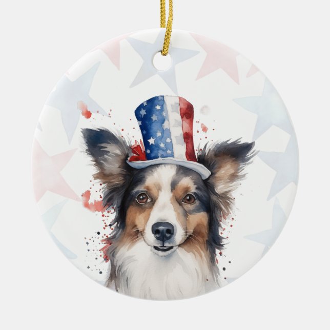 Border Collie Dog, 4th of july Personalized Ceramic Ornament (Front)