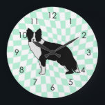 Border Collie Dog Abstract Illustration Chequered Large Clock<br><div class="desc">Perfect abstract dog illustration for dog lovers! Cute border collie dog with whimsical stars design. Border collie dog mum,  border collie dog dad,  this one is for you. Also border collie dog illustration for kids.</div>