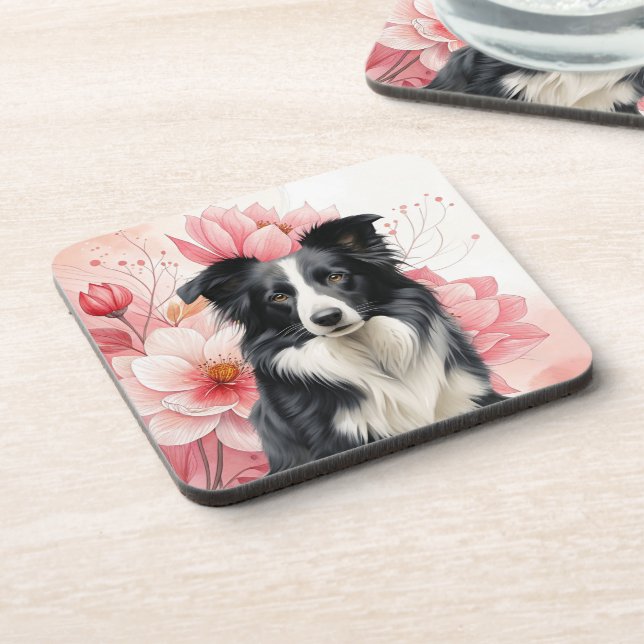 Border Collie Dog and Bold Pink Lilies Coaster (Left Side)