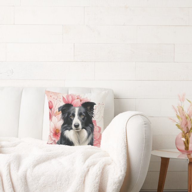 Border Collie Dog and Bold Pink Lilies Cushion (Couch)