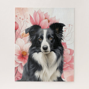 Border Collie Dog and Bold Pink Lilies Jigsaw Puzzle