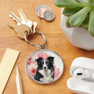 Border Collie Dog and Bold Pink Lilies Key Ring