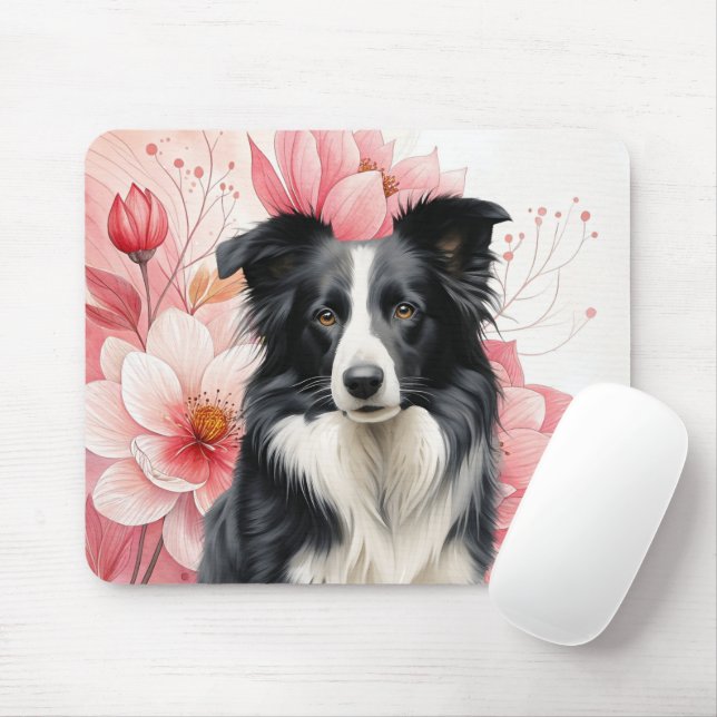 Border Collie Dog and Bold Pink Lilies Mouse Pad (With Mouse)