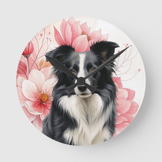 Border Collie Dog and Bold Pink Lilies Round Clock (Front)