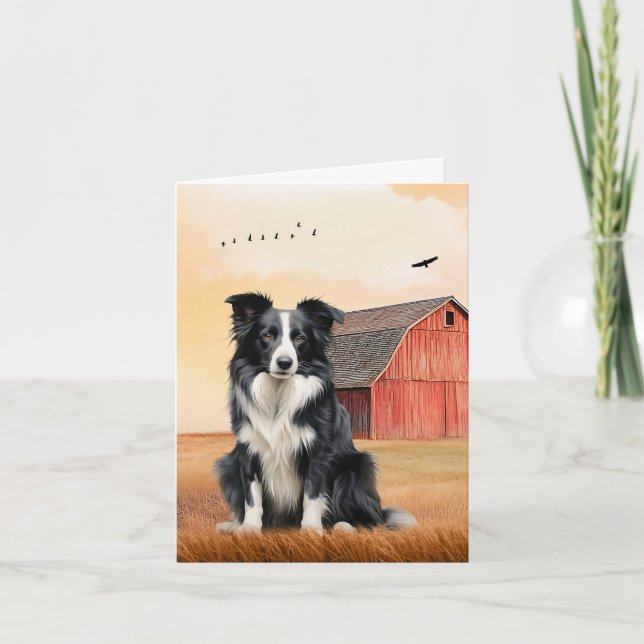 Border Collie Dog and Red Barn Ranch Note Card (Front)