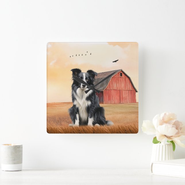 Border Collie Dog and Red Barn Ranch Square Wall Clock (Home)