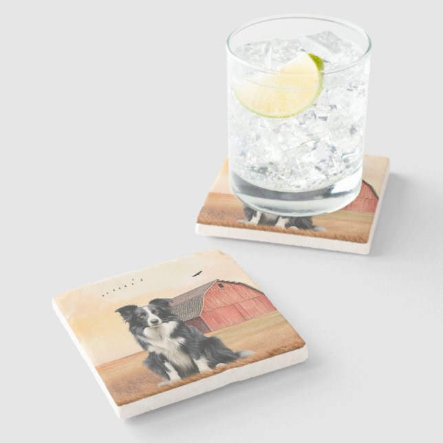 Border Collie Dog and Red Barn Ranch Stone Coaster (Side)