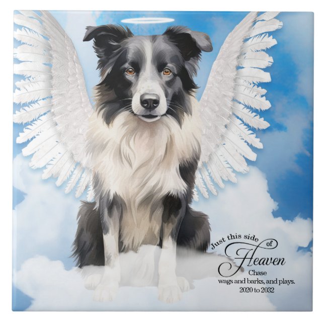Border Collie Dog Angel Custom Pet Memorial Ceramic Tile (Front)
