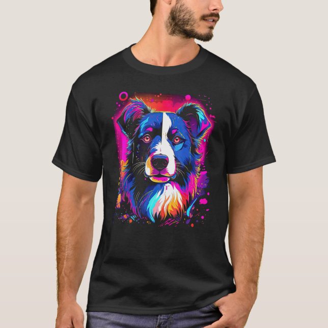 Border Collie Dog Australian Shepherd 80s Retrowav T-Shirt (Front)