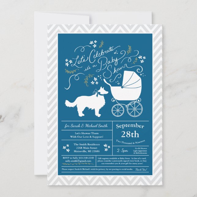 Border Collie Dog Baby Shower Blue Boy Invitation (Front)