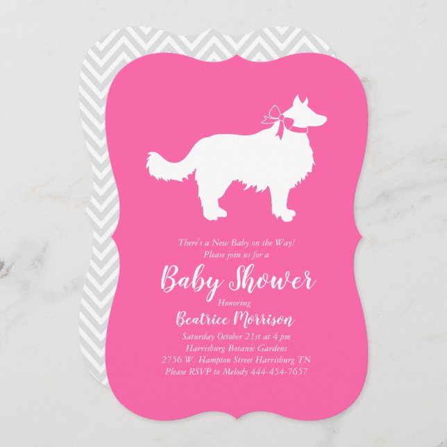 Border Collie Dog Baby Shower Pink Girl Invitation (Front/Back)