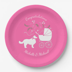 Border Collie Dog Baby Shower Puppy Pink Girl Paper Plate