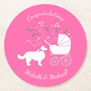 Border Collie Dog Baby Shower Puppy Pink Girl Round Paper Coaster