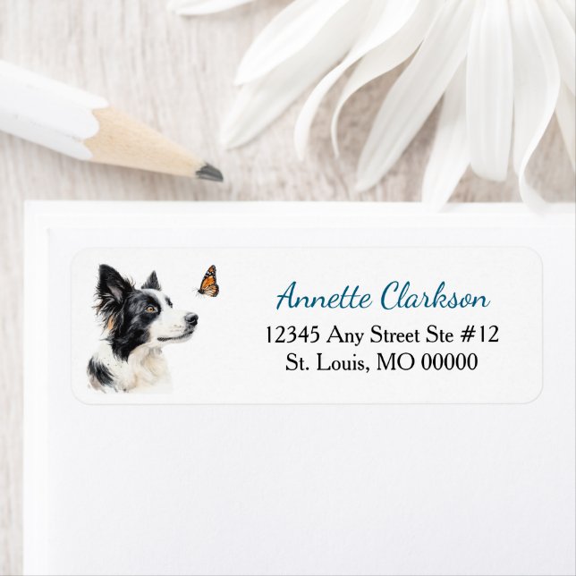 Border Collie Dog Butterfly Wonder Return Address Label (Insitu)