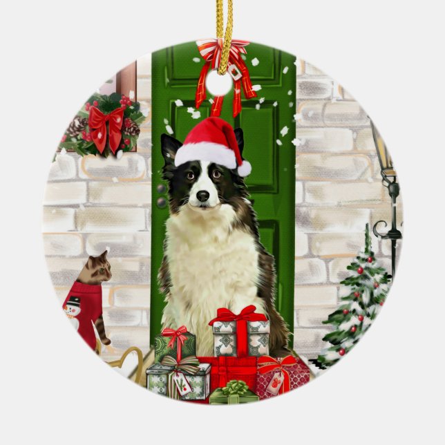 Border Collie Dog Christmas   Ceramic Ornament (Front)