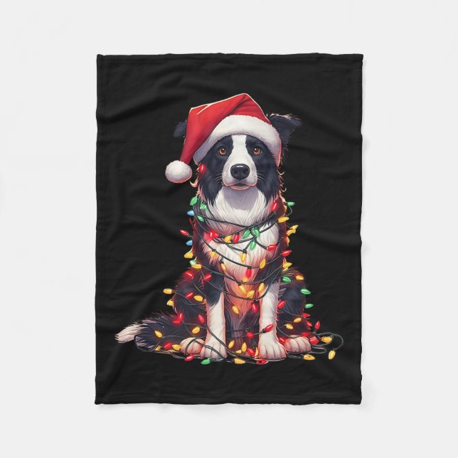 Border Collie Dog Christmas Lights Santa Hat Dog L Fleece Blanket (Front)