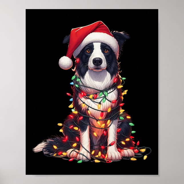 Border Collie Dog Christmas Lights Santa Hat Dog L Poster (Front)