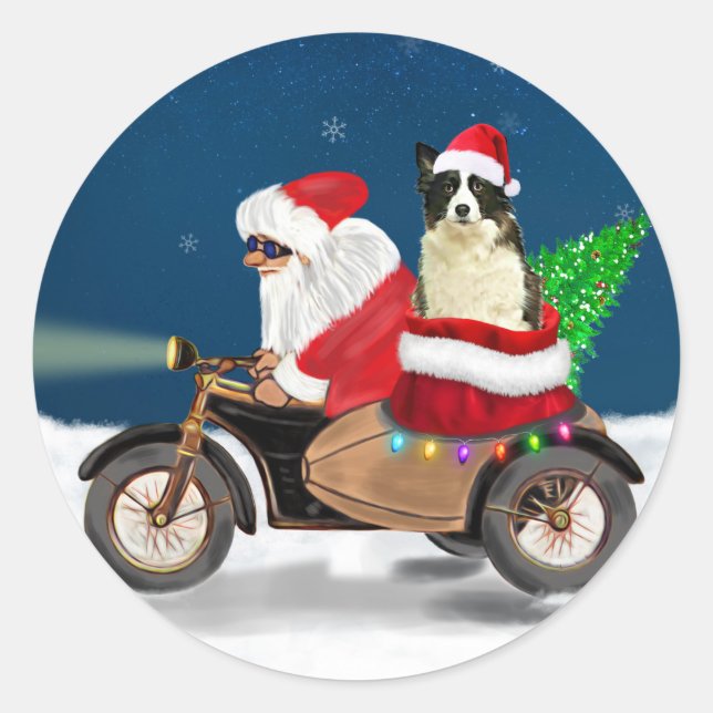 Border Collie Dog Christmas Santa Claus  Classic Round Sticker (Front)