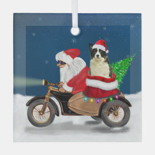 Border Collie Dog Christmas Santa Claus  Glass Tree Decoration