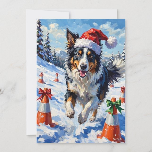 Border Collie Dog Christmas Snow Agility Fun Holiday Card (Front)
