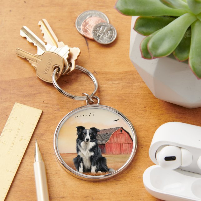 Border Collie Dog Country Western Red Barn Key Ring (Desk)