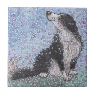 Border Collie Dog, Dreaming of Blossom Time Ceramic Tile