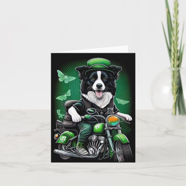 Border Collie Dog Driving Bike St. Patrick's Day Card (Front)