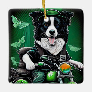 Border Collie Dog Driving Bike St. Patrick's Day Ceramic Ornament