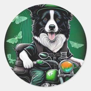 Border Collie Dog Driving Bike St. Patrick's Day Classic Round Sticker