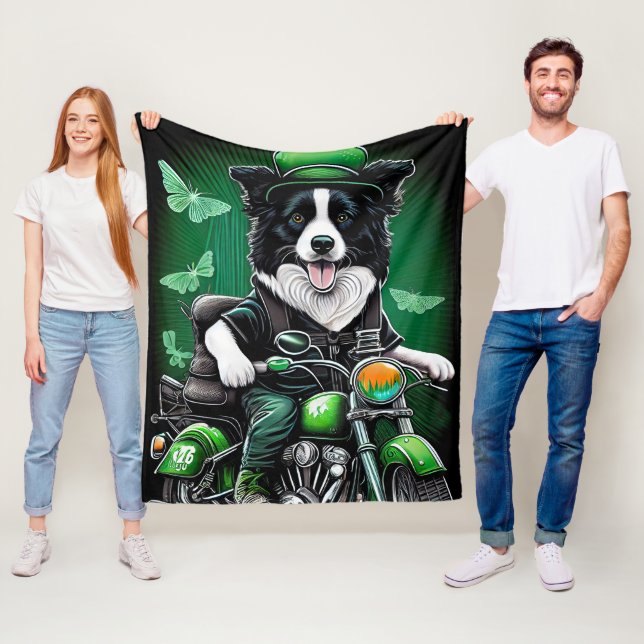 Border Collie Dog Driving Bike St. Patrick's Day Fleece Blanket (In Situ)
