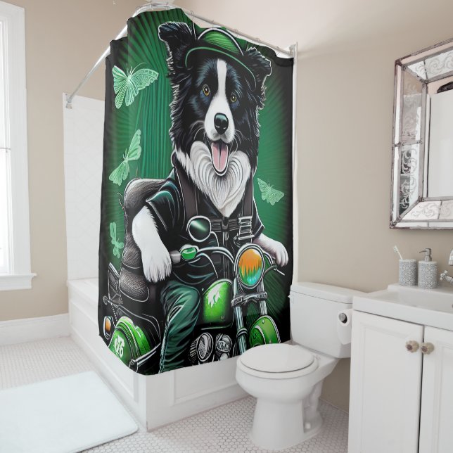 Border Collie Dog Driving Bike St. Patrick's Day Shower Curtain (In Situ)